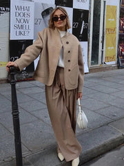 Tegwen | Oversized Wool-Blend Jacket with Patch Pockets in Khaki