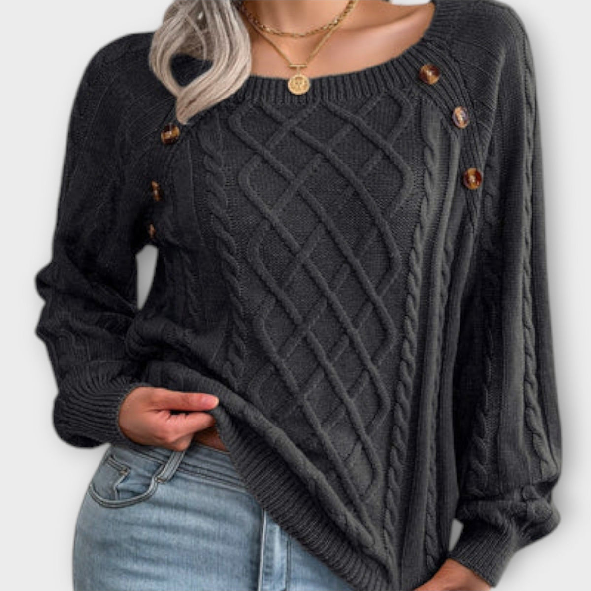 Malia | Dark Grey Jumper With Buttons And Cable Pattern