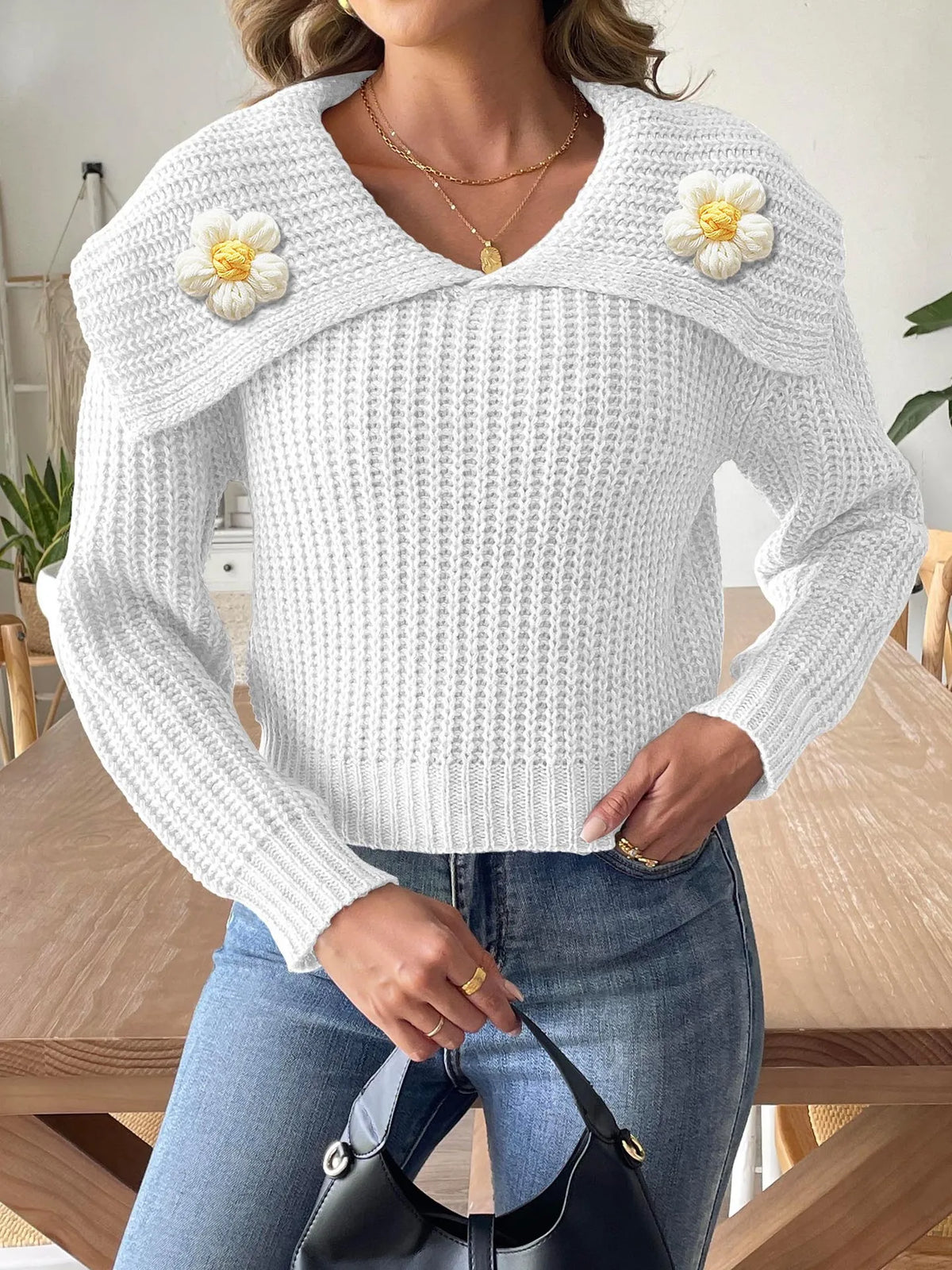 Kamaria | Flower-Detail Foldover-Neck Jumper