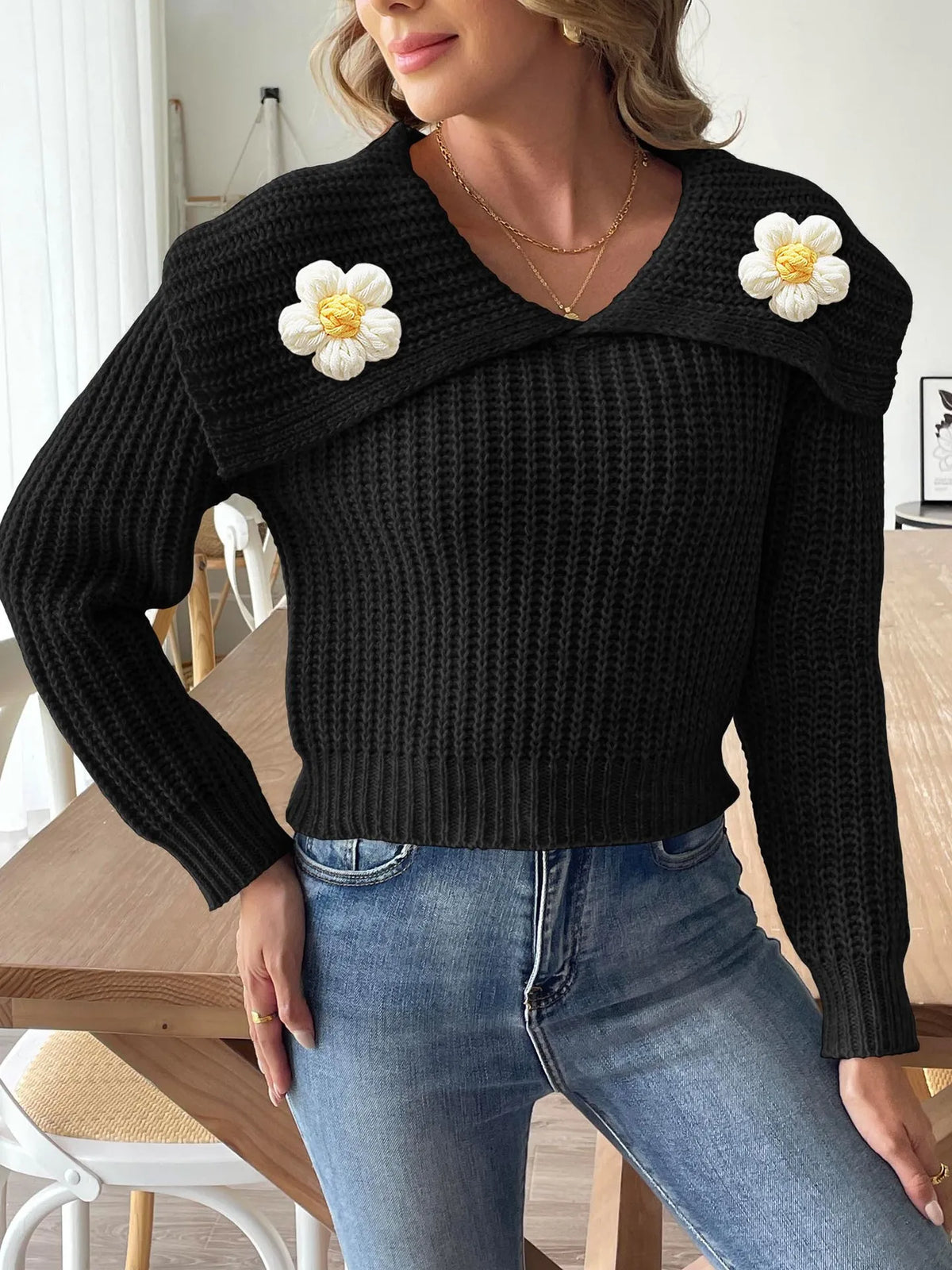 Kamaria | Flower-Detail Foldover-Neck Jumper