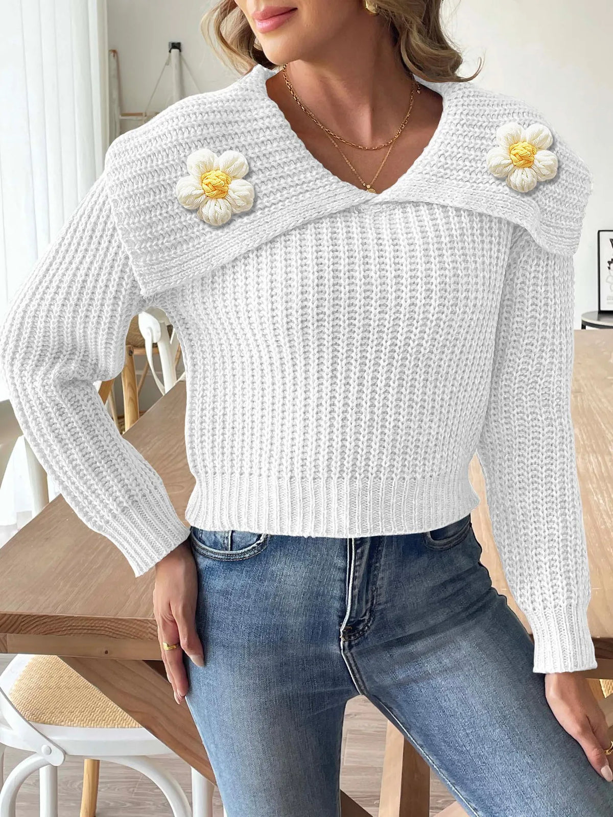 Kamaria | Flower-Detail Foldover-Neck Jumper