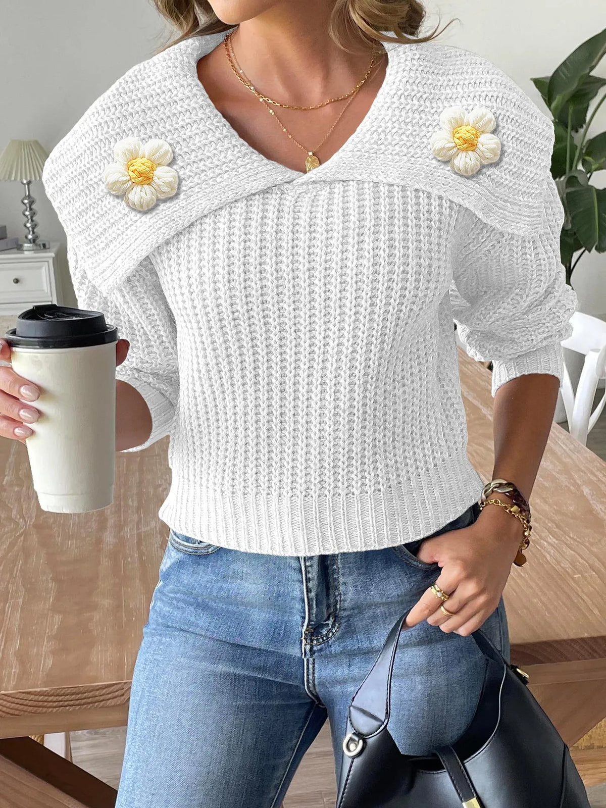 Kamaria | Flower-Detail Foldover-Neck Jumper