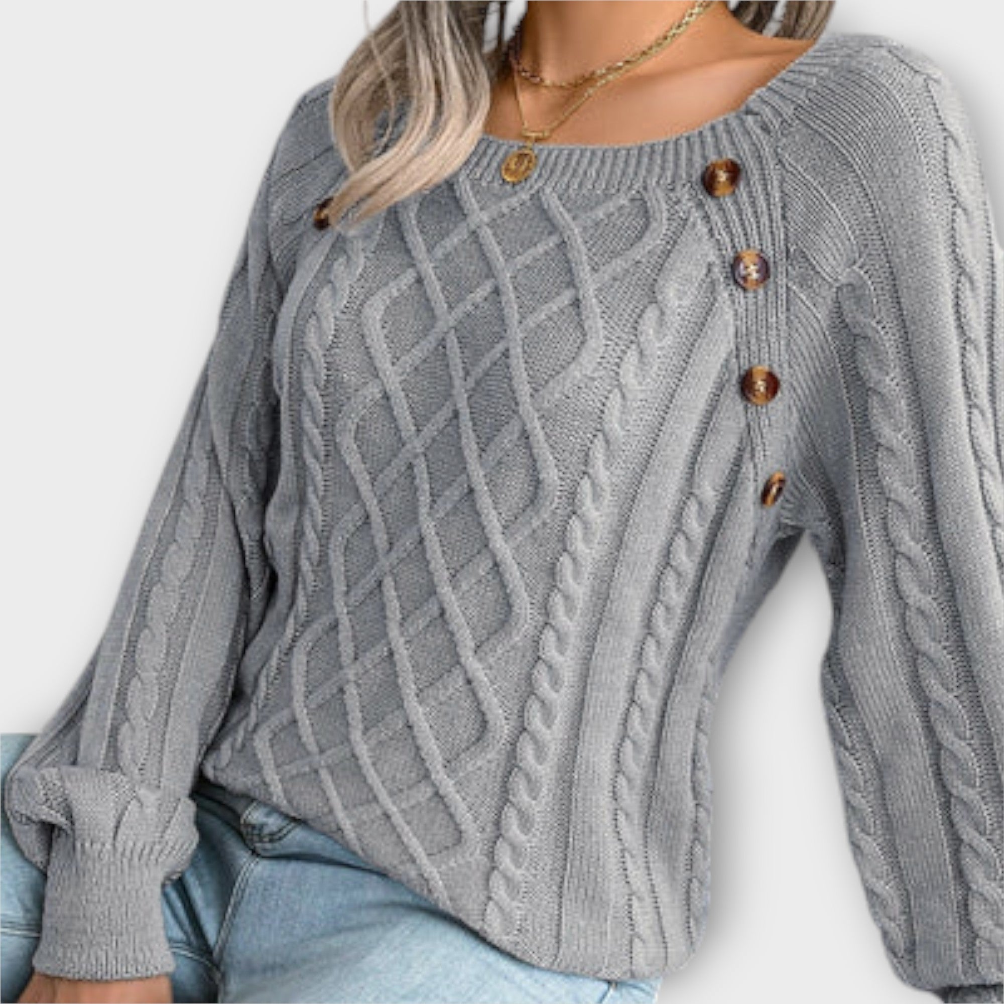 Malia | Dark Grey Jumper With Buttons And Cable Pattern