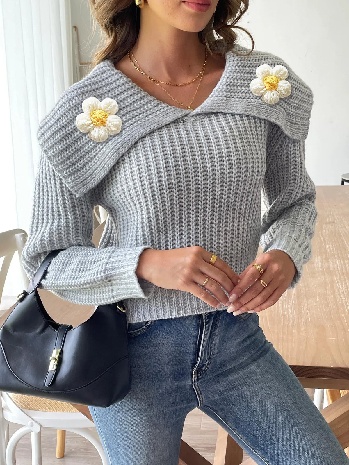 Kamaria | Flower-Detail Foldover-Neck Jumper