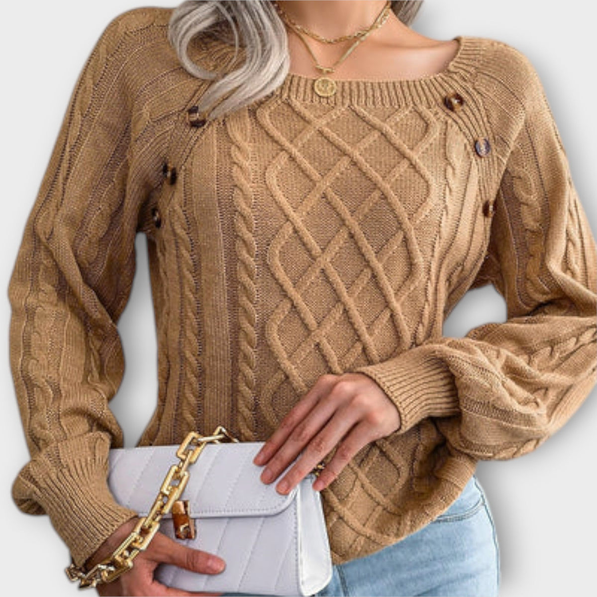 Malia | Dark Grey Jumper With Buttons And Cable Pattern