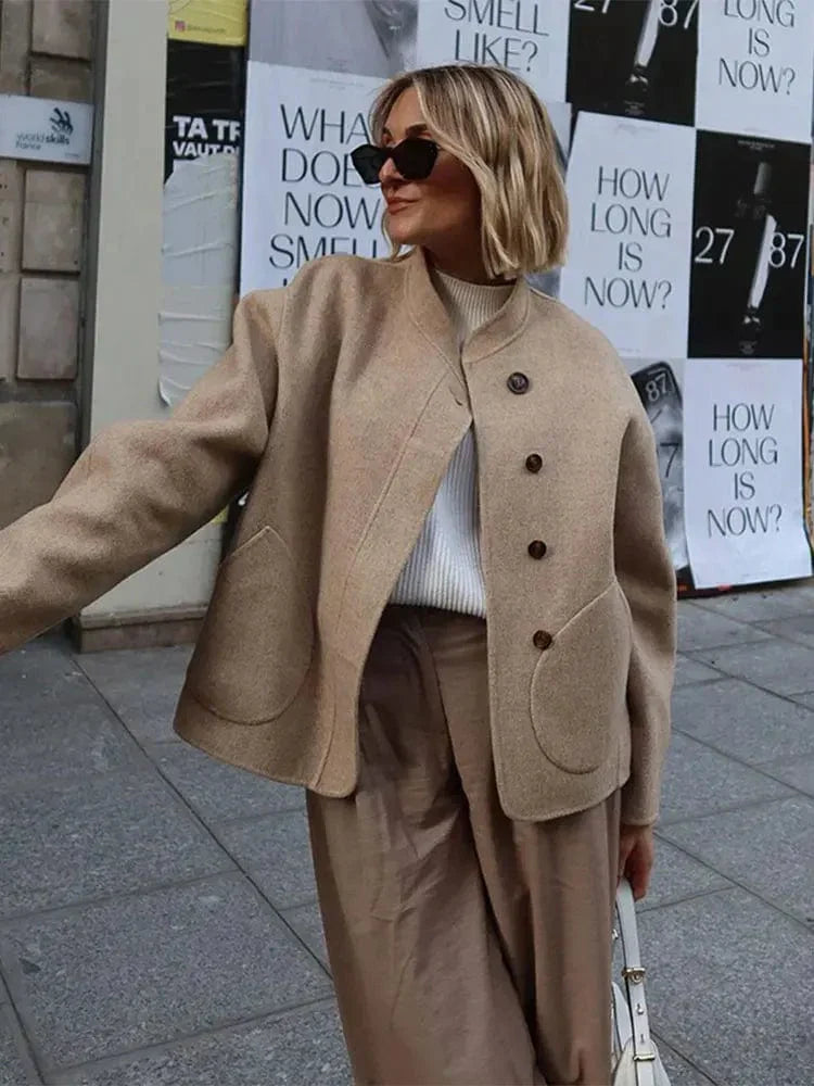 Tegwen | Oversized Wool-Blend Jacket with Patch Pockets in Khaki