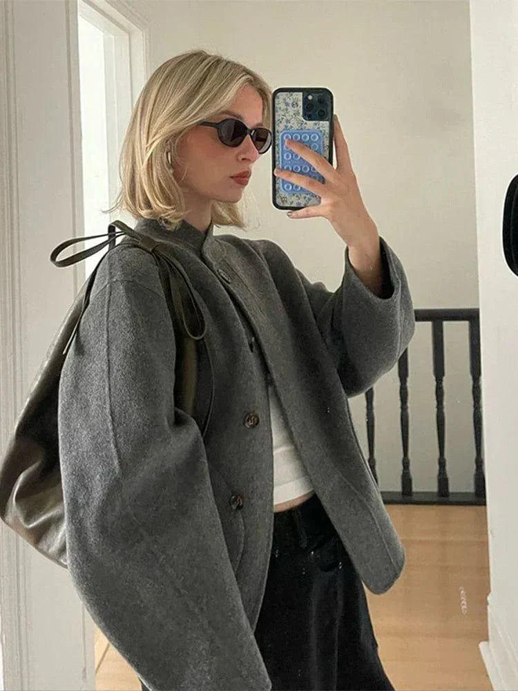 Tegwen | Oversized Wool-Blend Jacket with Patch Pockets in Grey