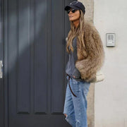 Delyth | Brown Faux-Fur Fitted Jacket in Brown