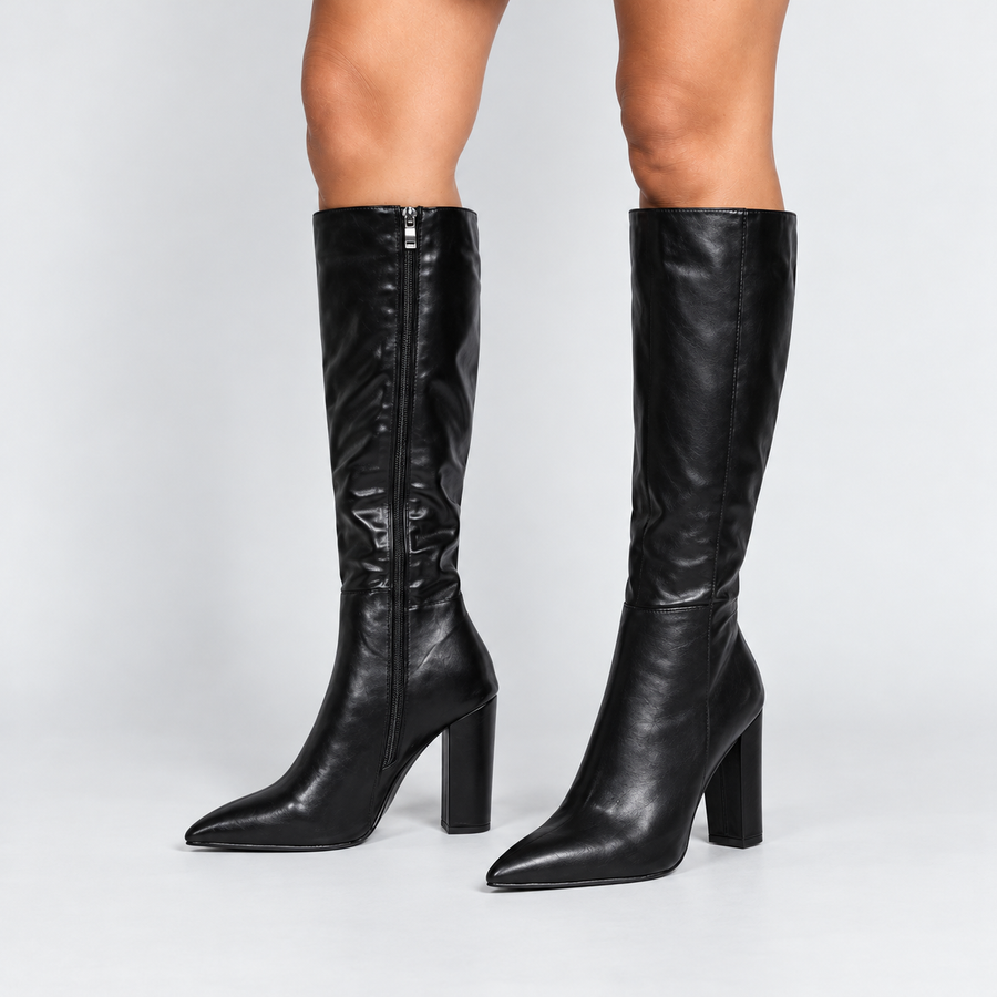 Women's knee-high boots with a block heel, a knee-high shaft and a zipped shaft