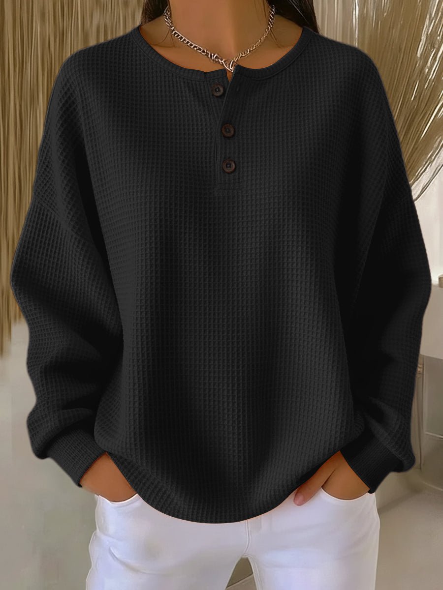 Waffle-Textured Henley Sweatshirt