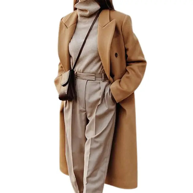 Meinir | Long Wool-Blend Coat with Concealed Buttons in Khaki
