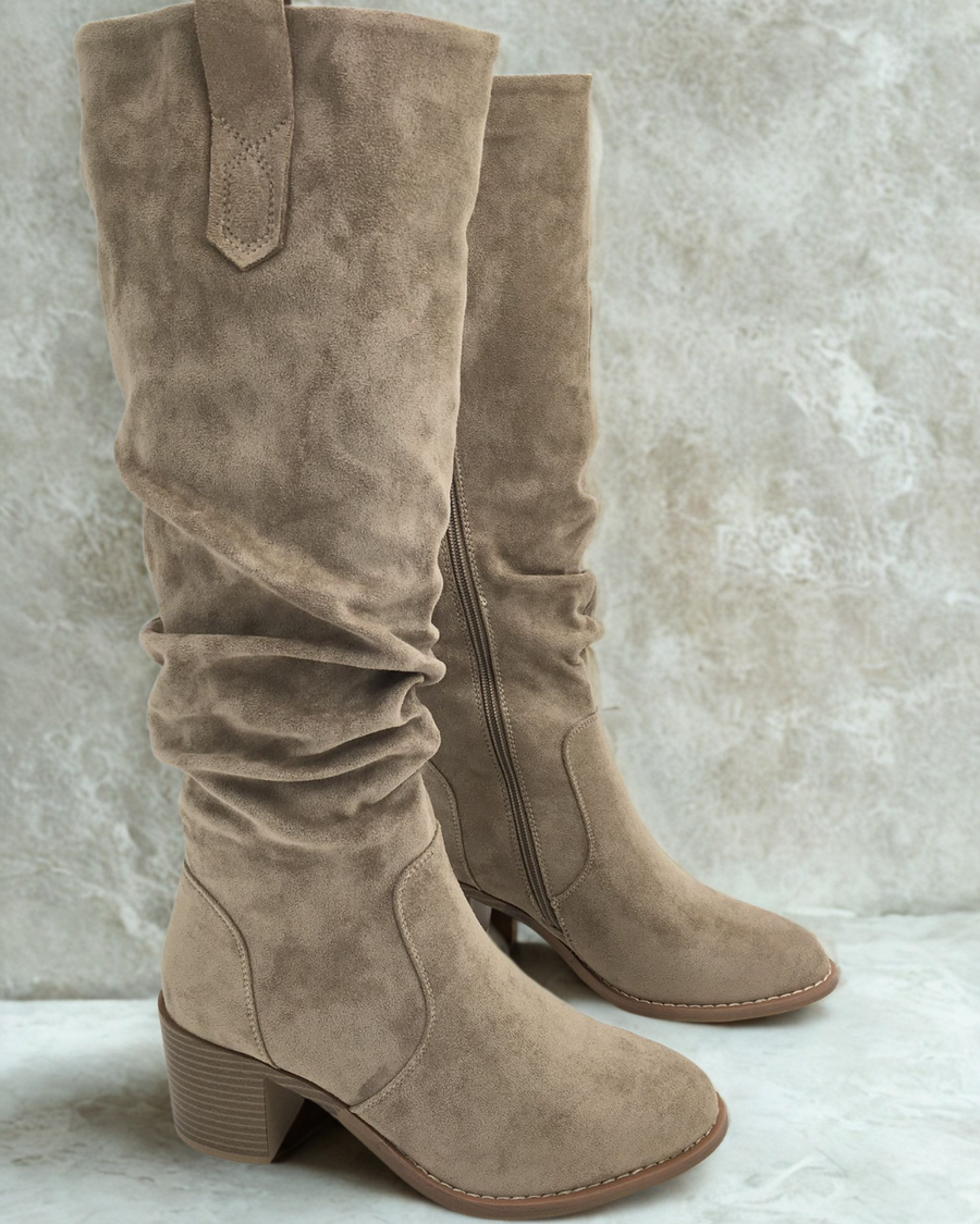 Amandine ruched high suedine boots in taupe
