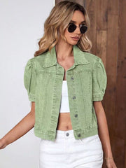 Olatz | Puff-Sleeve Retro Denim Jacket in Deep Khaki