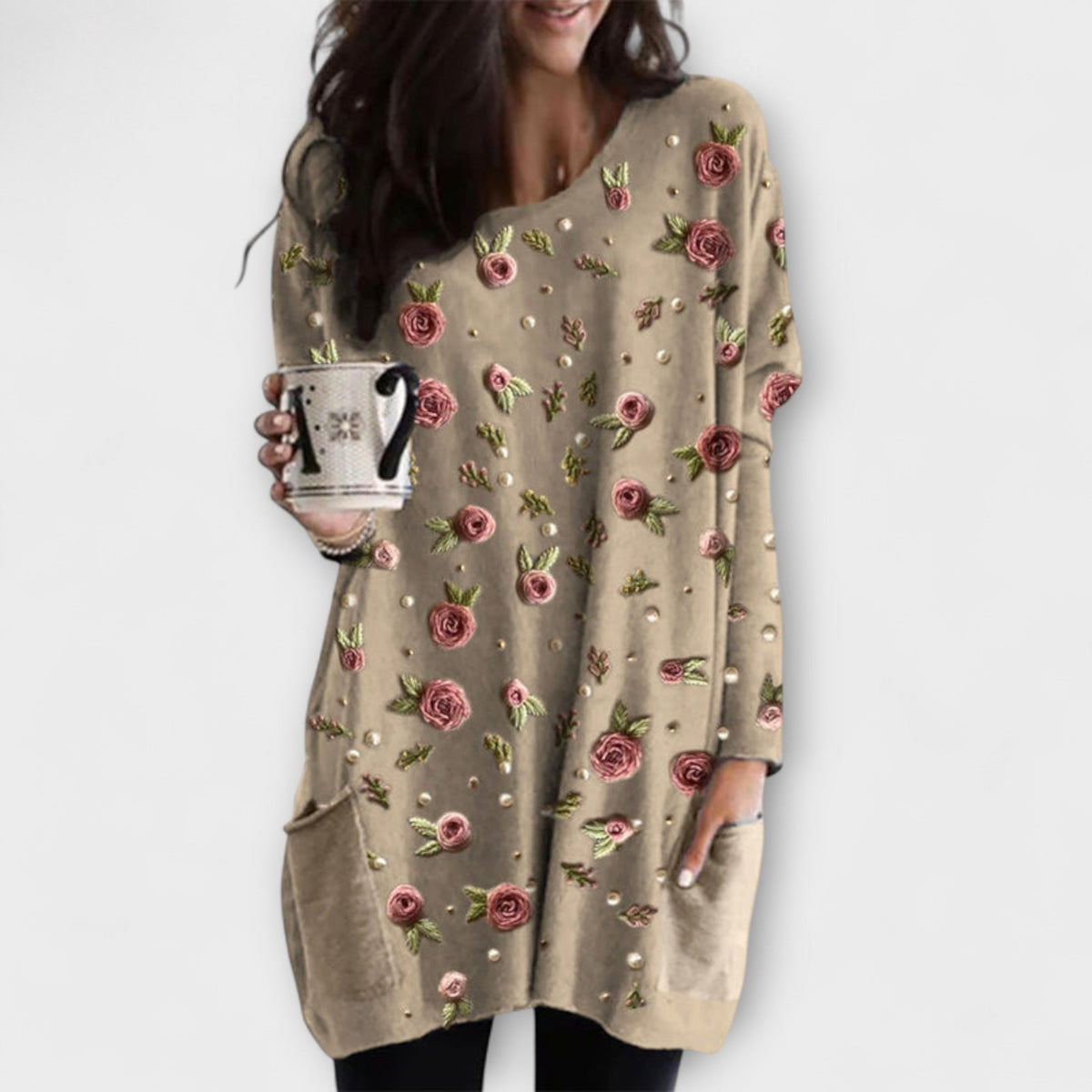 Layla | Beige Tunic With Rose Pattern