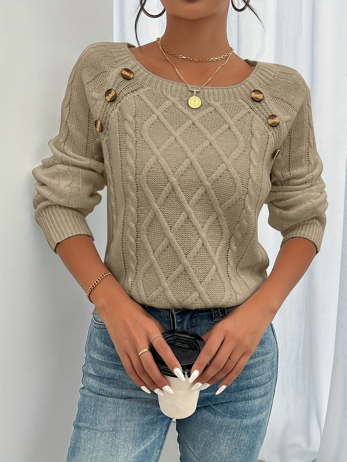 Midori | Diamond-Knit Button-Shoulder Jumper