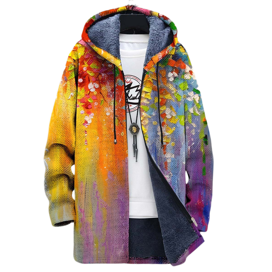 Women's coat with an abstract print, a hood and a front zip
