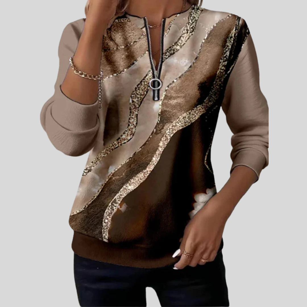 Abstract-Print Zip-Neck Sweatshirt, front view.