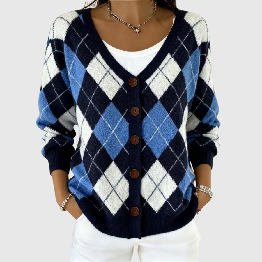 Women's cardigan with an argyle pattern, a button front and a V-shaped neckline