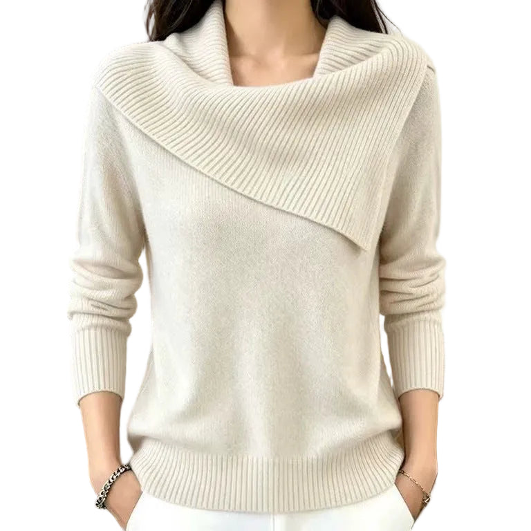Women's jumper with an asymmetric collar, a foldover collar and long sleeves