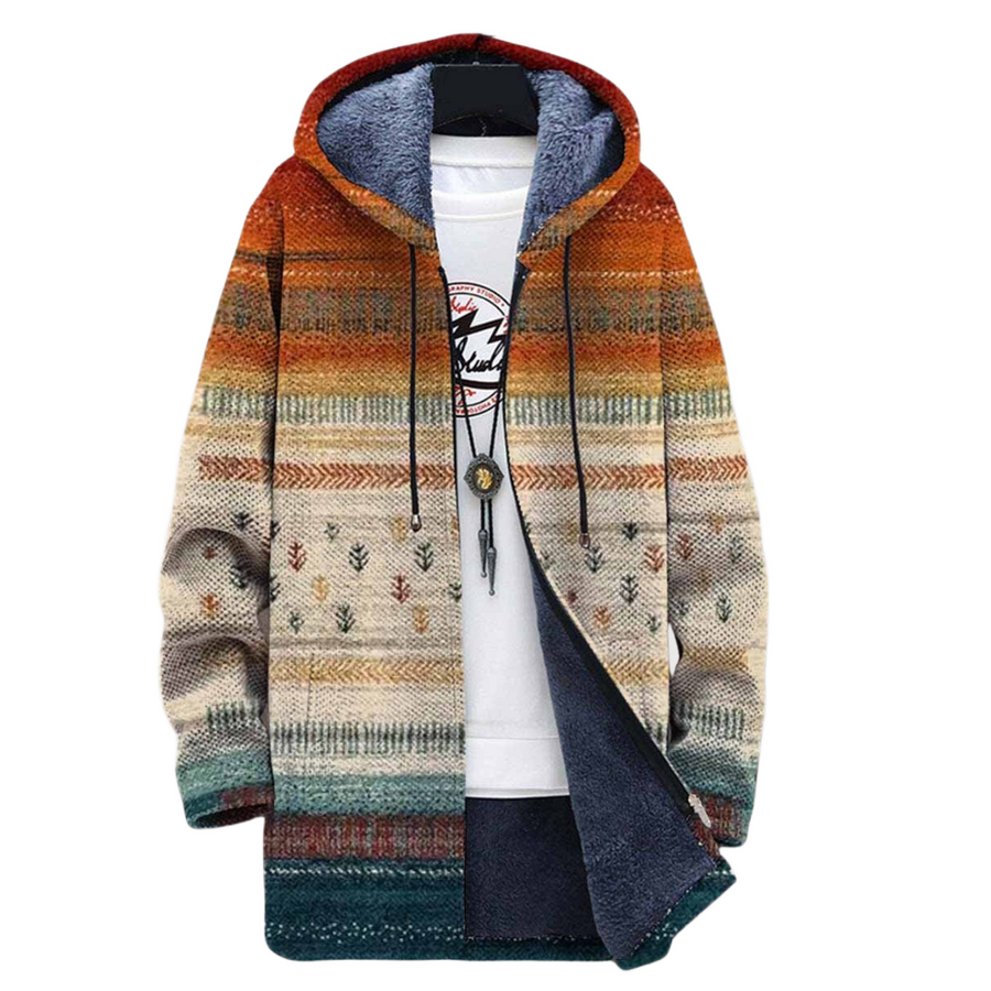 Women's coat with a striped pattern, a geometric pattern and a hood