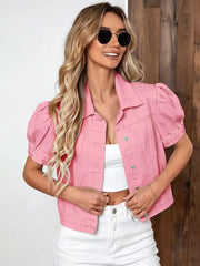 Olatz | Puff-Sleeve Retro Denim Jacket in Deep Khaki
