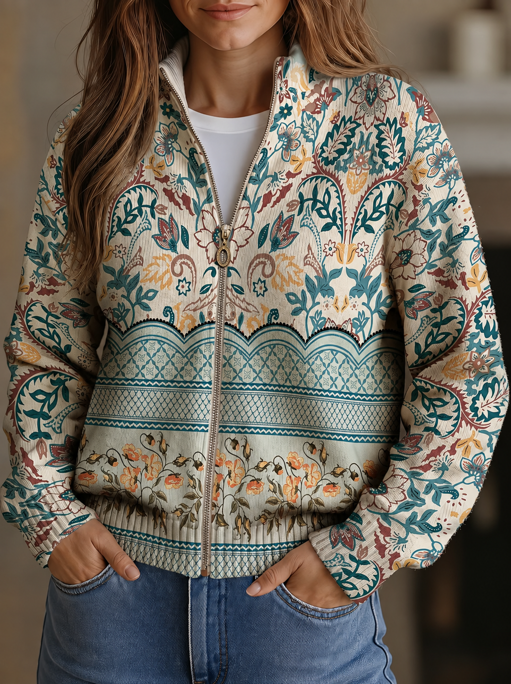 CATERINA | BOTANICAL BORDER ZIP CARDIGAN