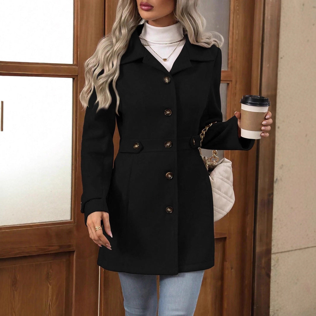 Eleri | Mid-Length Single-Breasted Wool-Blend Coat in Black