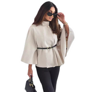 Women's jacket with a waist belt, a high neckline and wide sleeves