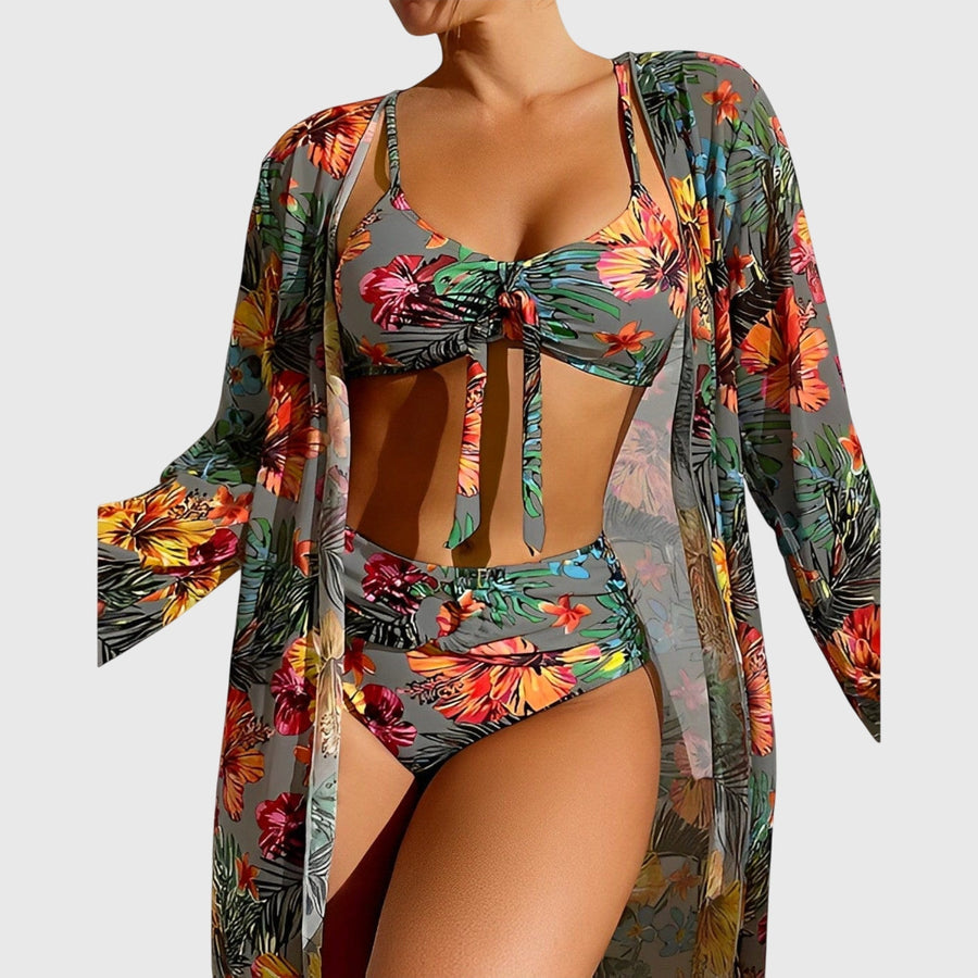 Women's bikini and cover-up set with a tie front, shoulder straps and a matching cover-up