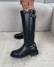 Eupraxia double-buckle stretch boots in black