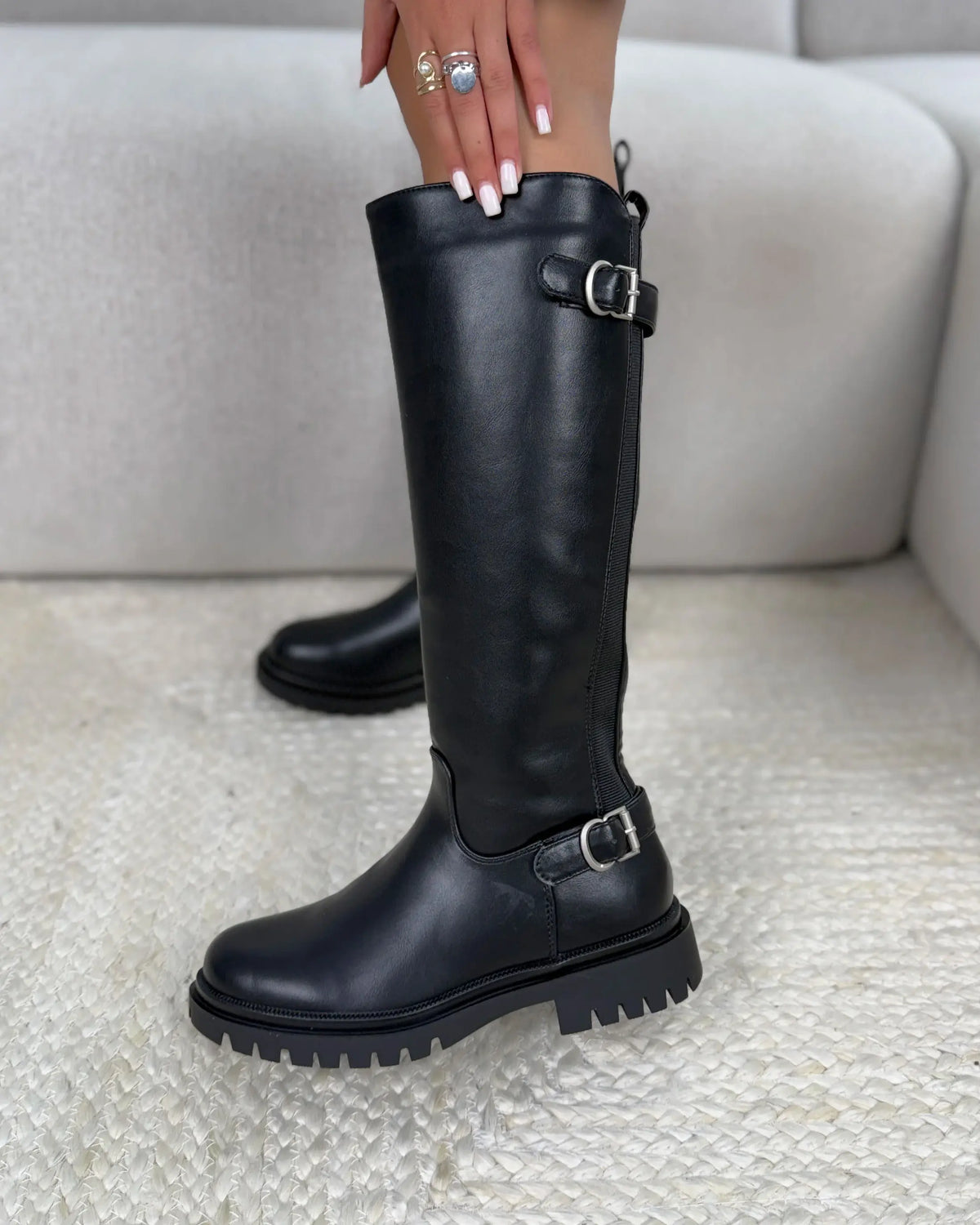 Eupraxia double-buckle stretch boots in black