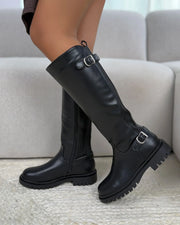 Eupraxia double-buckle stretch boots in black