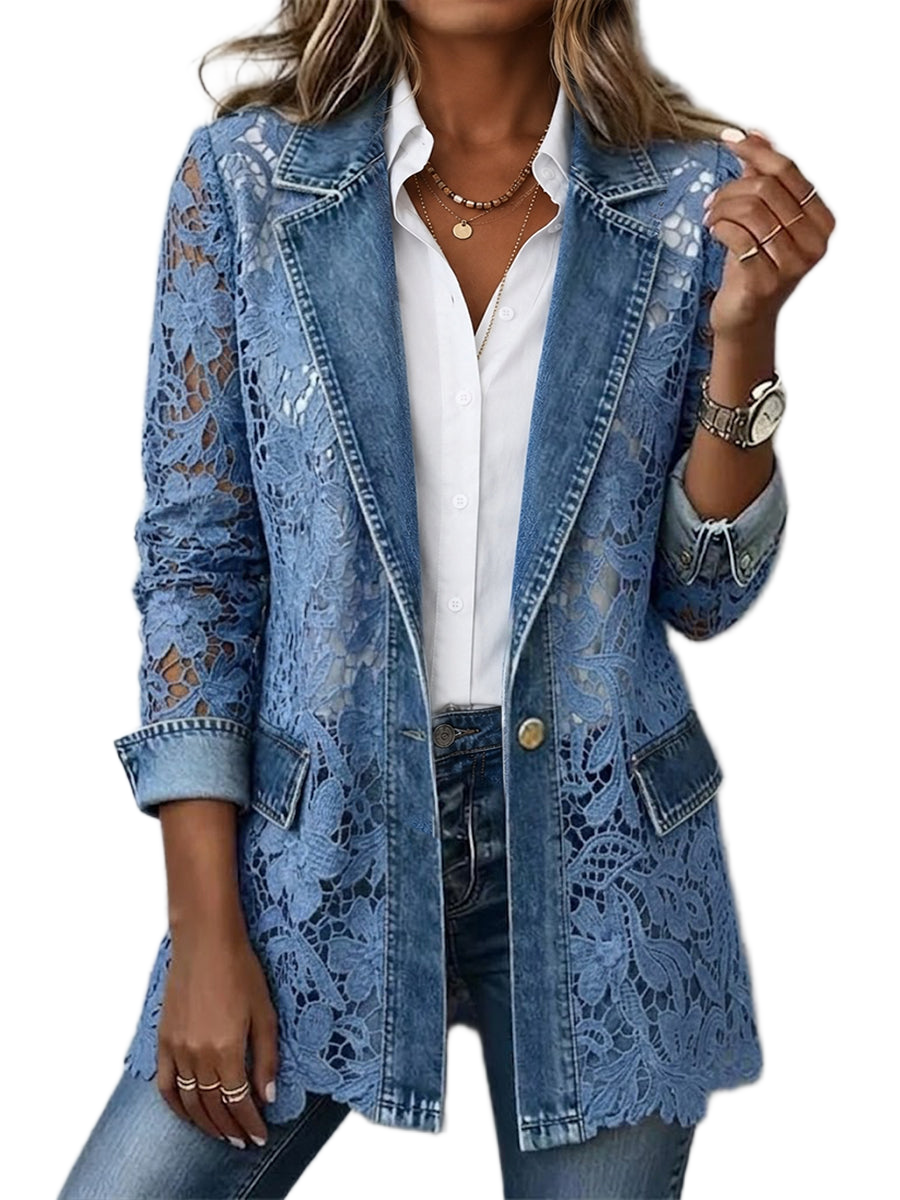 Women's blazer with lace panels, a floral pattern and notched lapels