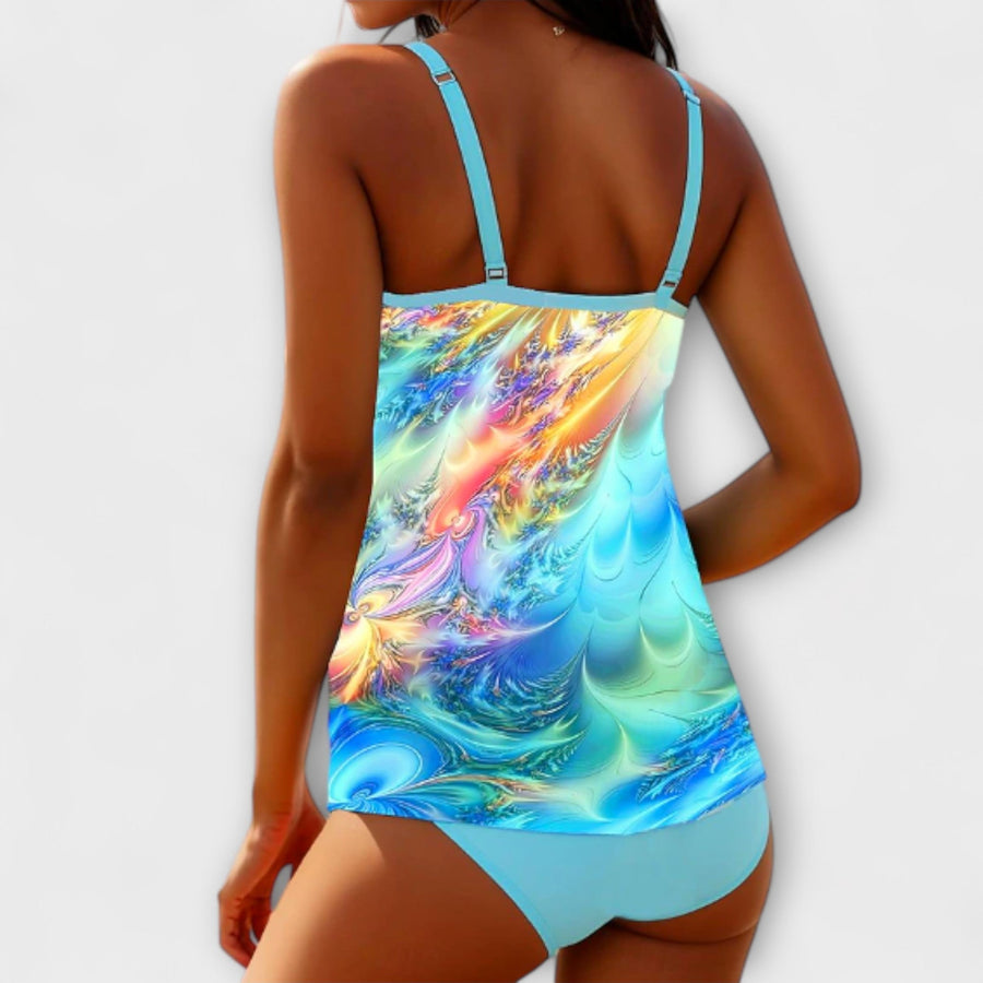 Women's tankini set with thin shoulder straps, a scoop neckline and a high waist