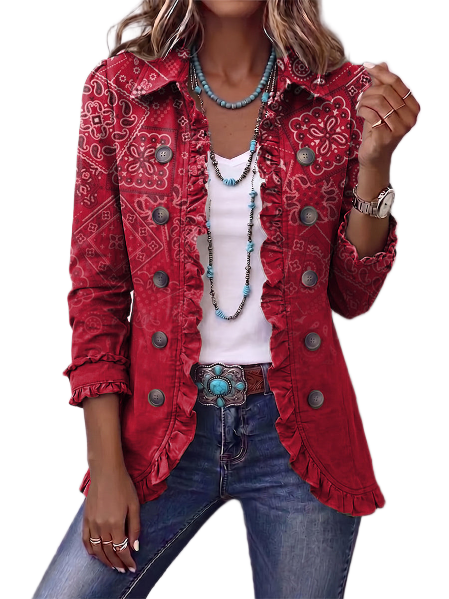 Women's jacket with a paisley print, a graduated pattern and a shirt-style collar