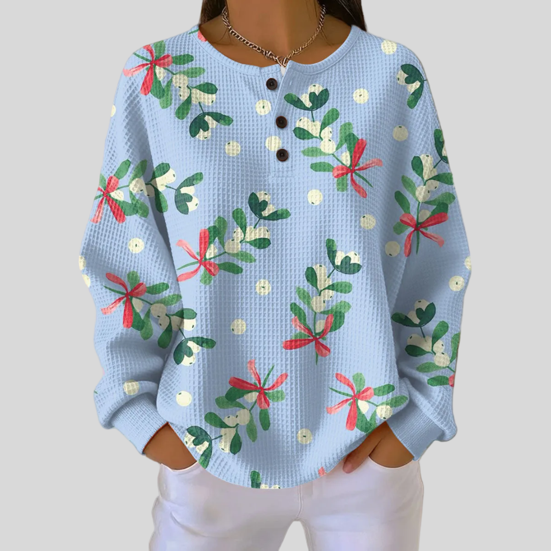 Botanical-Print Button-Neck Waffle Jumper, front view.