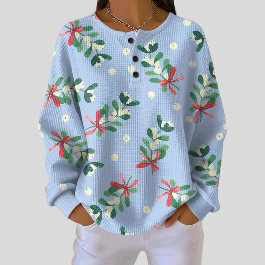 Botanical-Print Button-Neck Waffle Jumper, front view.