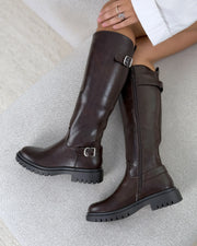 Eupraxia double-buckle stretch boots in brown