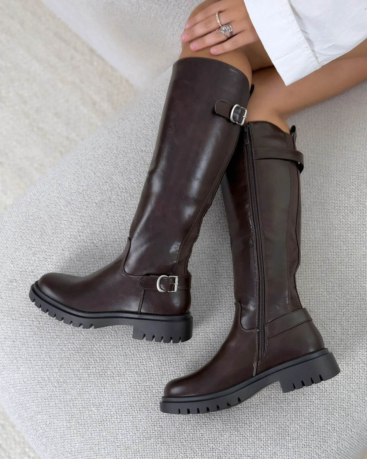Eupraxia double-buckle stretch boots in brown