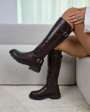 Eupraxia double-buckle stretch boots in brown