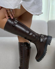 Eupraxia double-buckle stretch boots in brown