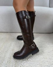 Eupraxia double-buckle stretch boots in brown