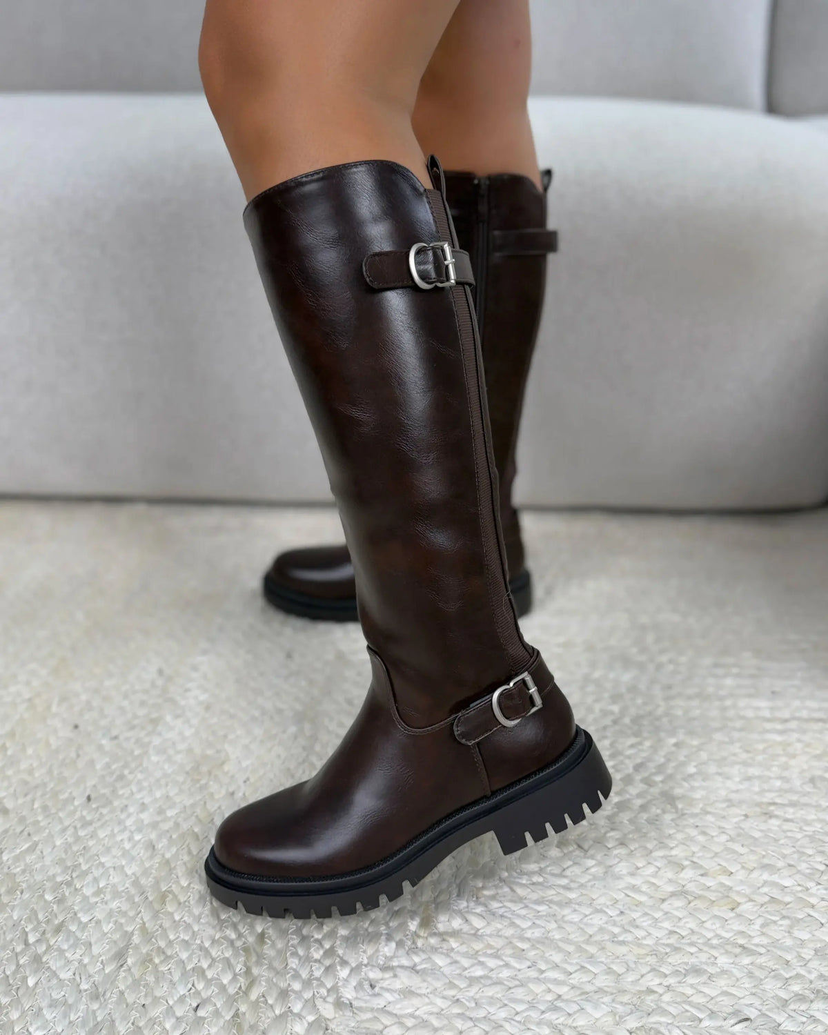 Eupraxia double-buckle stretch boots in brown