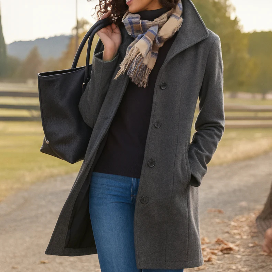 Women's coat with a stand collar, a button front and side pockets