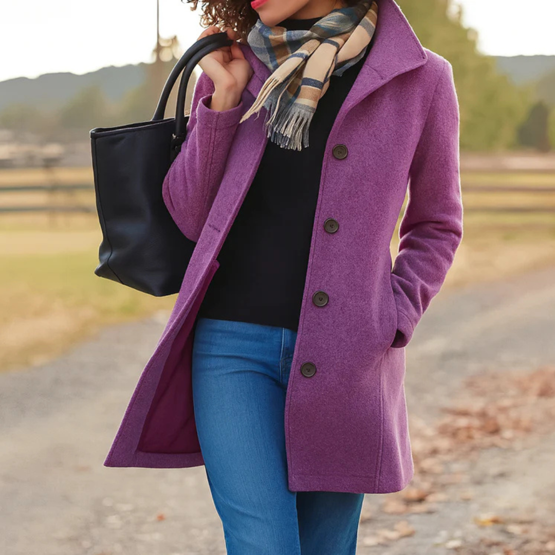Women's coat with a stand collar, a button front and side pockets