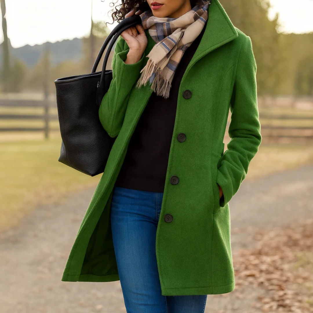 Women's coat with a stand collar, a button front and side pockets