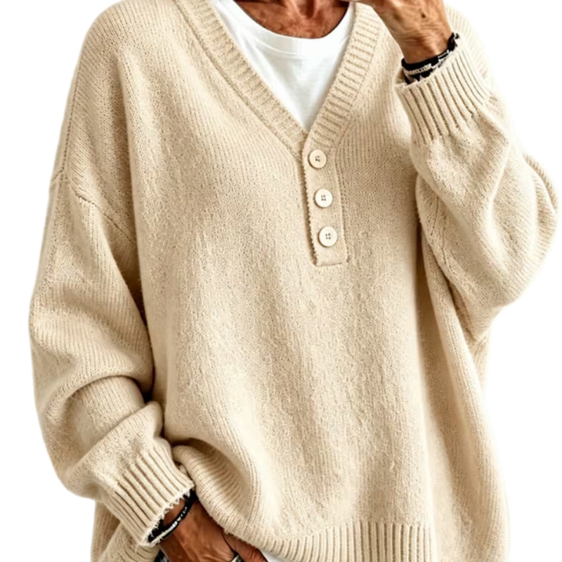 Women's jumper with a button neckline, a V-shaped neckline and dropped shoulders