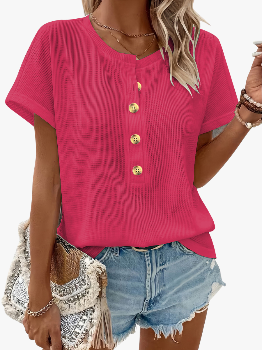 Women's T-shirt with a button neckline, short sleeves and a round neckline