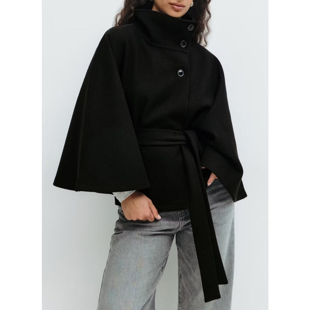 Aderyn | High-Neck Belted Cape Coat in White