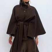 Aderyn | High-Neck Belted Cape Coat in Khaki